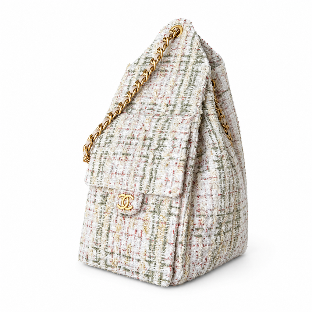 Chanel White Multicolor Tweed Large Flap Shopping Bag Chain