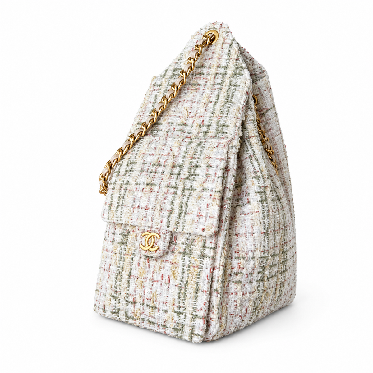 Chanel White Multicolor Tweed Large Flap Shopping Bag Chain
