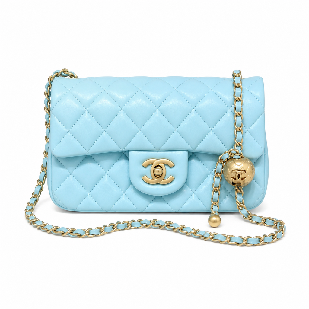 Chanel Pearl Crush Mini Rectangle Flap Bag Sky Blue Lambskin Gold Pearl Chain 20cm