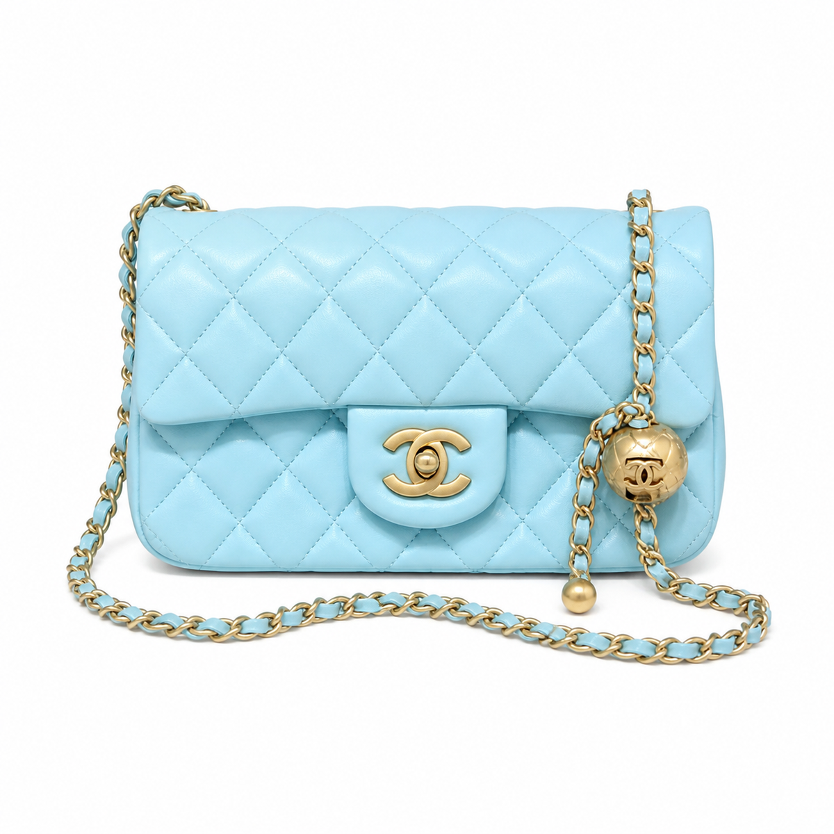 Chanel Pearl Crush Mini Rectangle Flap Bag Sky Blue Lambskin Gold Pearl Chain 20cm