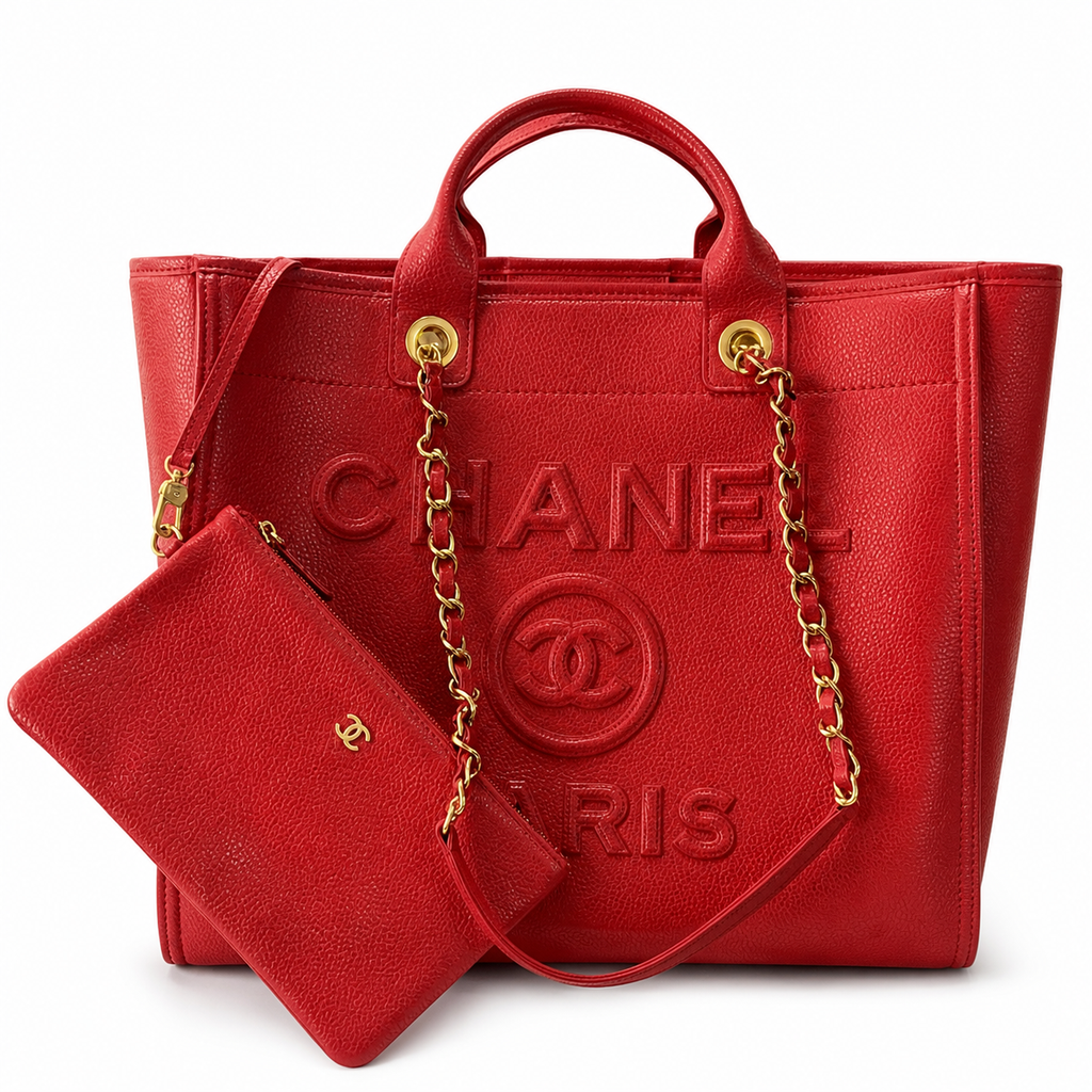 CHANEL Deauville Shopping Tote – Red Caviar Leather Gold Hardware with Detachable CC Pouch 30×50×21cm