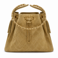 Chanel Quilted Suede Drawstring Bucket Bag Beige Gold Chain Tassel
