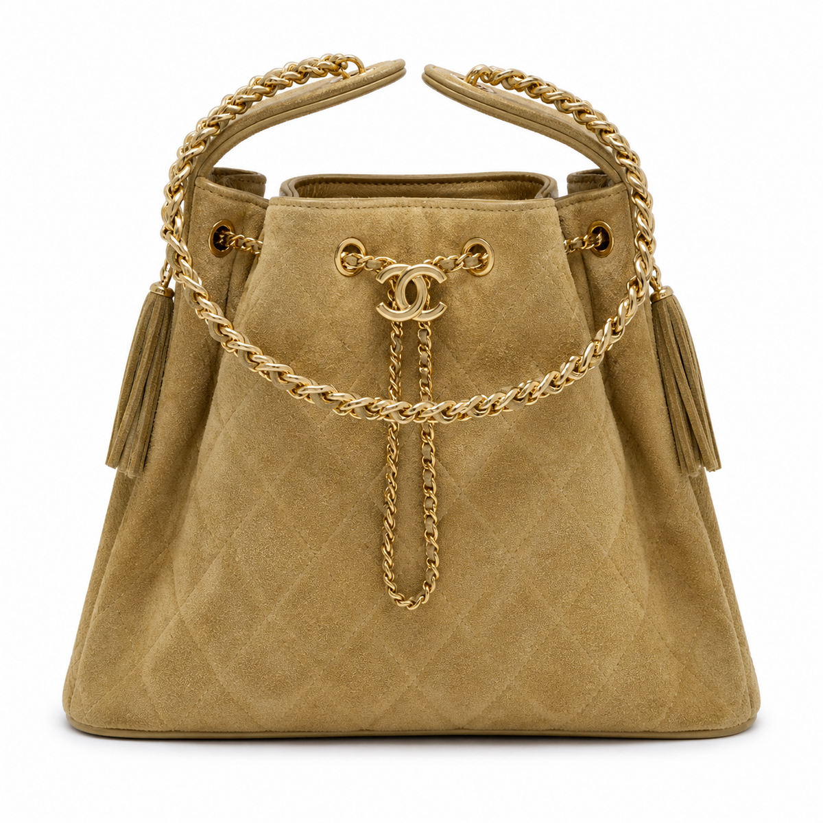 Chanel Quilted Suede Drawstring Bucket Bag Beige Gold Chain Tassel