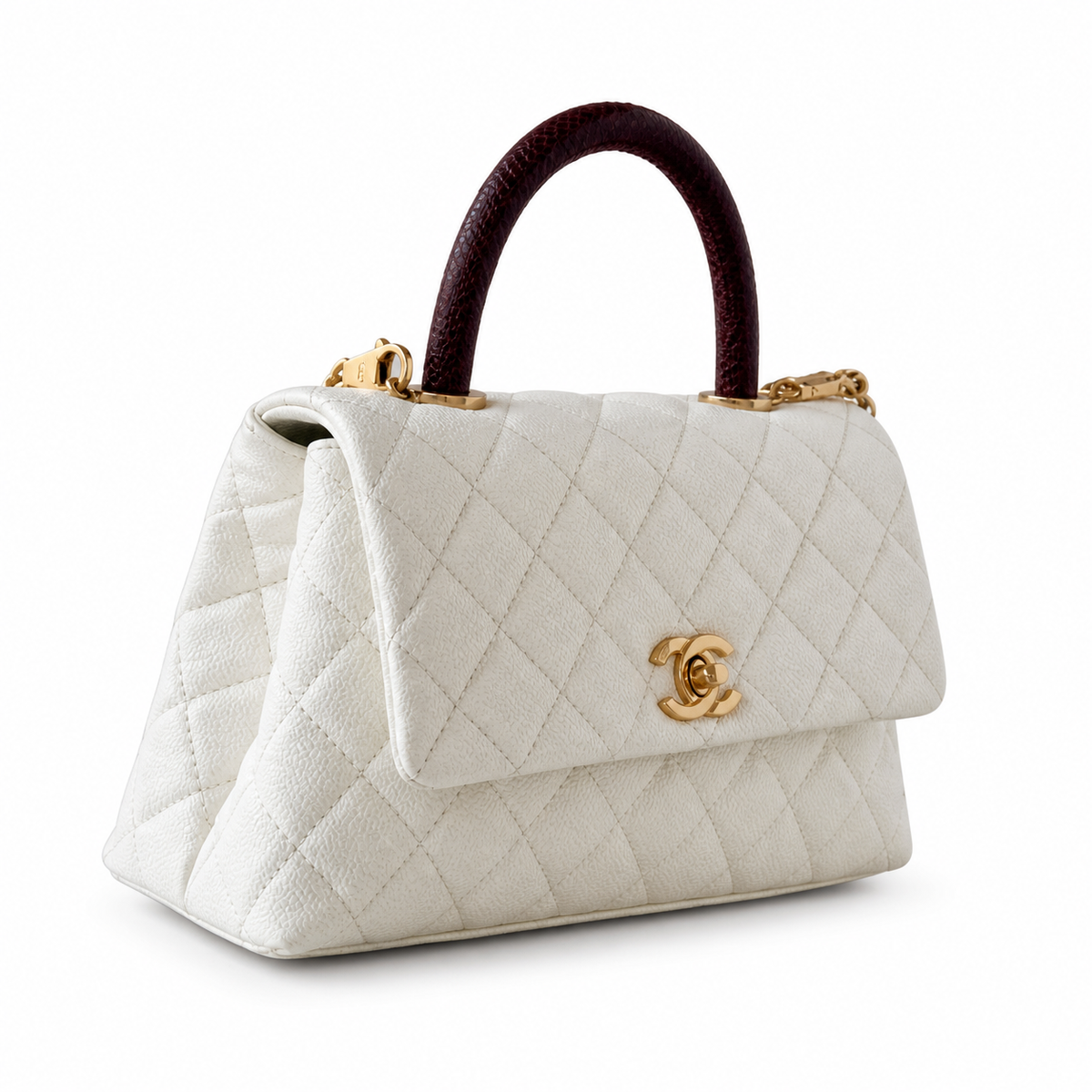 Chanel Coco Handle Quilted Caviar Bag White Burgundy Lizard Top Handle 24cm