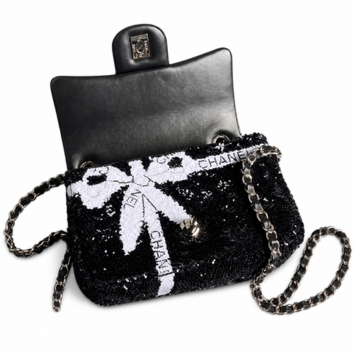 Chanel Black Sequin White Bow Embroidered Flap Bag Silver Chain
