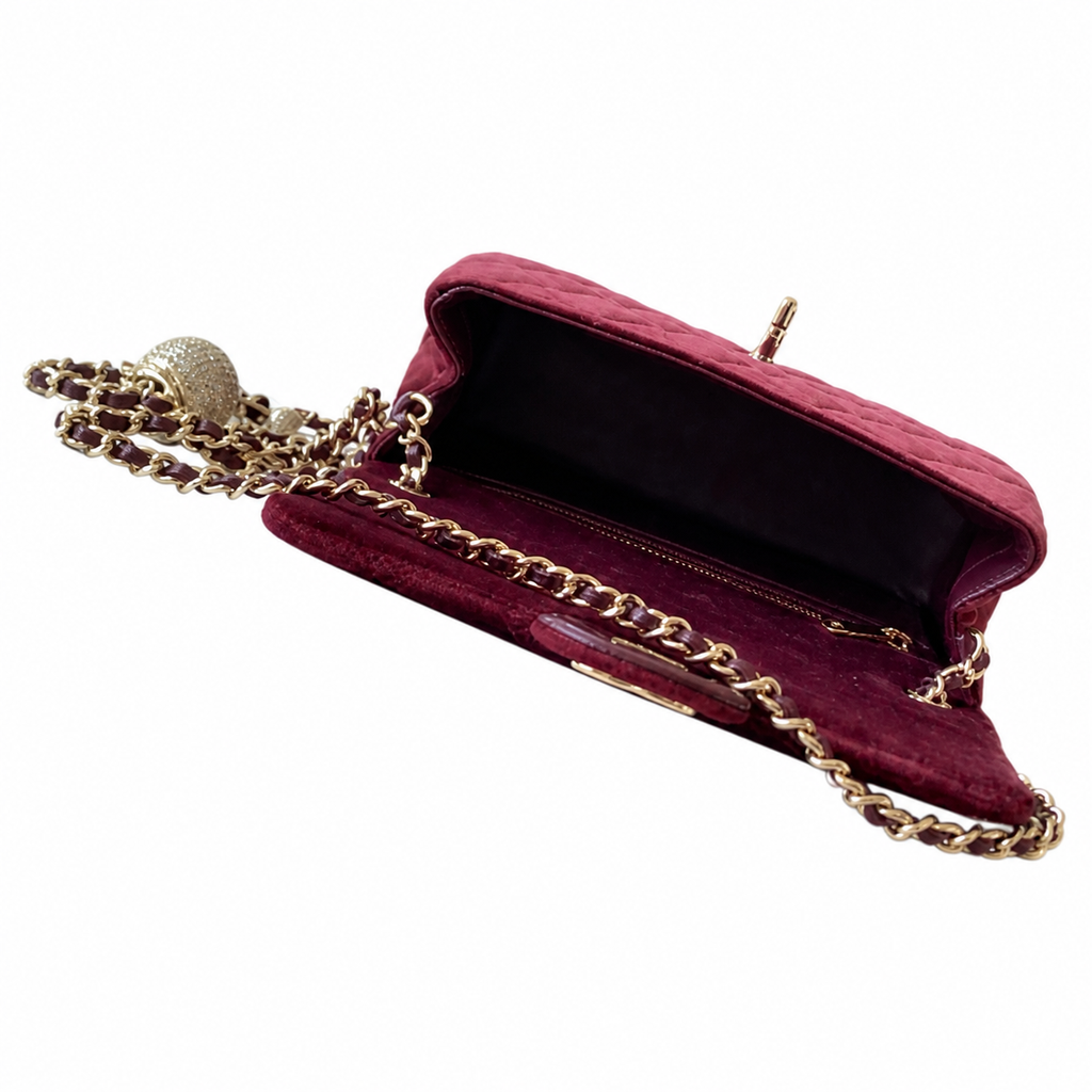 Chanel Pearl Crush Mini Square Flap Bag Burgundy Velvet Crystal Pearl Ball Chain 18cm