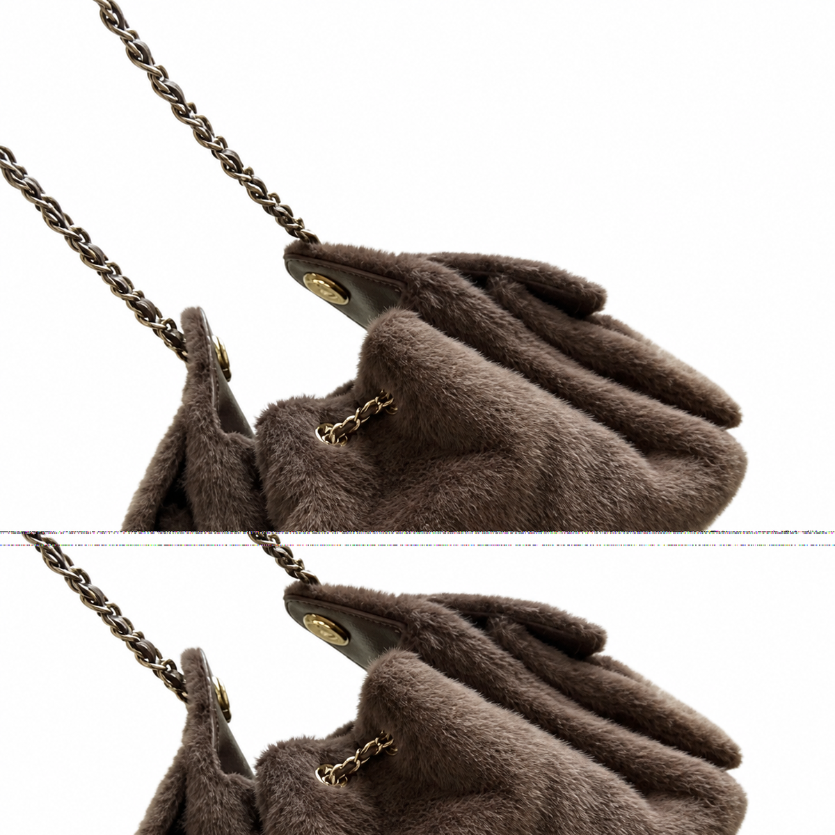 Chanel Brown Faux Fur Drawstring Bucket Bag Gold CC Logo Chain