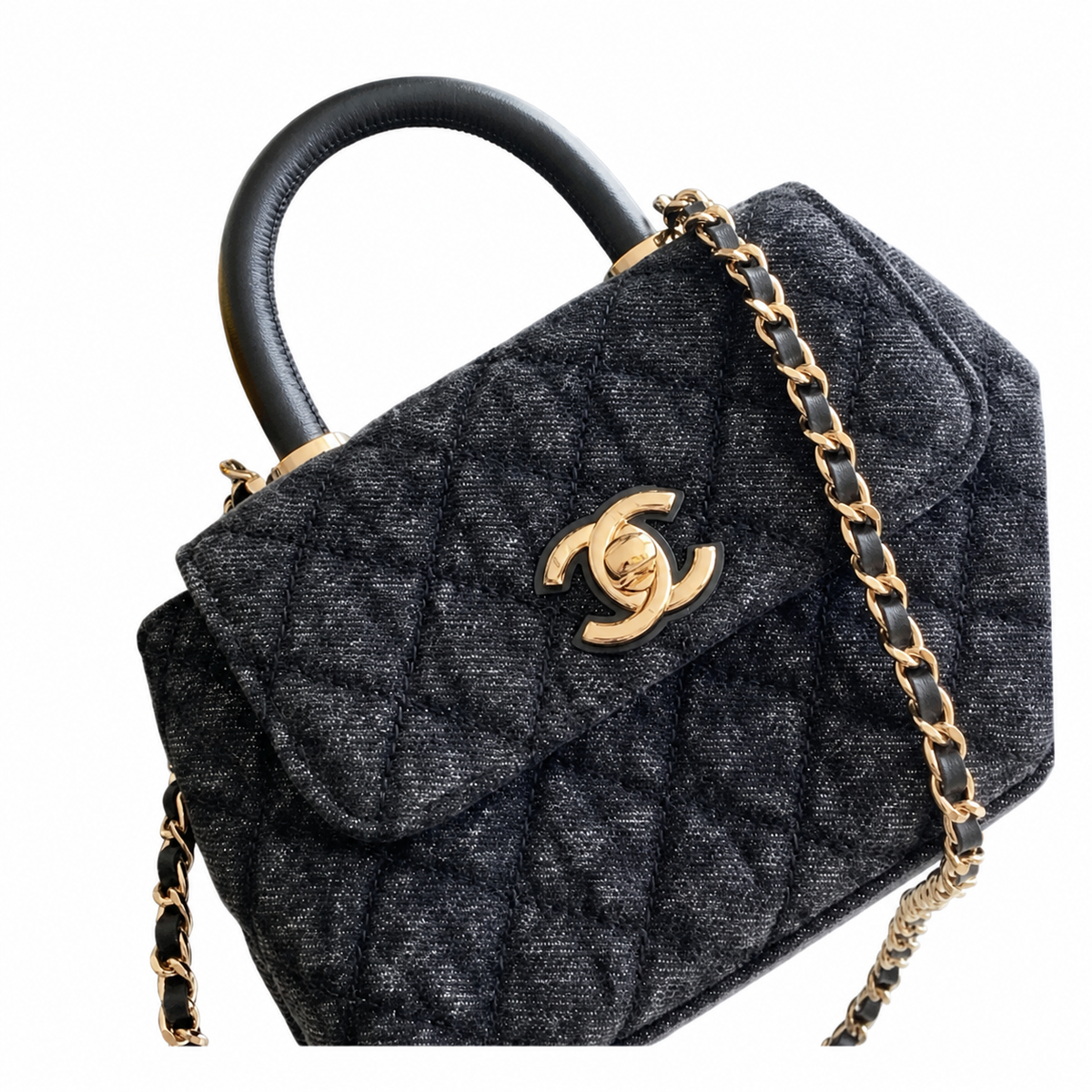 Chanel Black Denim Quilted Coco Handle Mini Flap Bag | Gold CC | 11.5×14.5×5.5cm