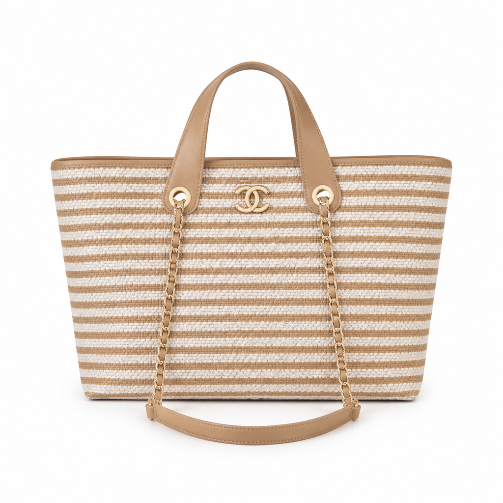 Chanel Beige Stripe Woven Large Shopping Tote | Gold CC | Leather Handles & Chain Strap | 25×46×13cm