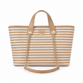 Chanel Beige Stripe Woven Large Shopping Tote | Gold CC | Leather Handles & Chain Strap | 25×46×13cm