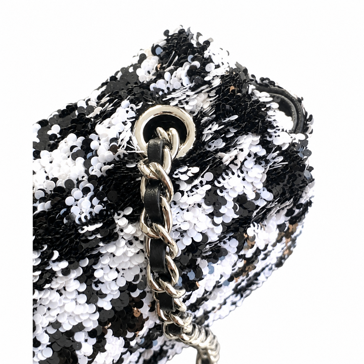 Chanel Black White Sequin Classic Flap Bag Silver CC Chain Crossbody