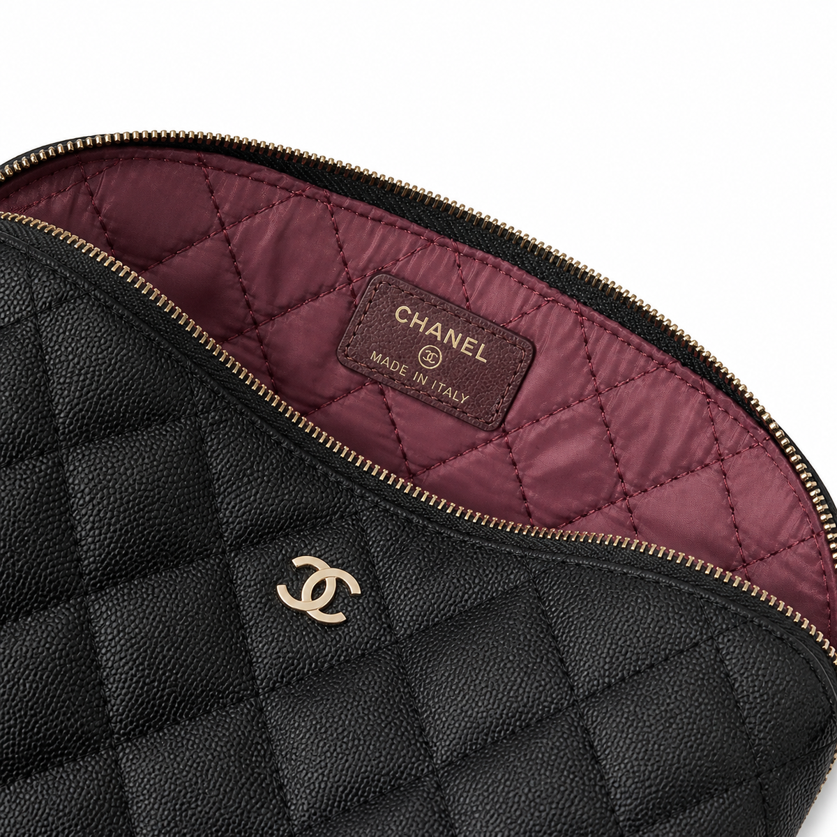 Chanel Black Quilted Caviar Rectangular Toiletry Pouch Gold CC Logo Gold Zipper Burgundy Lining Made in Italy 19cm
