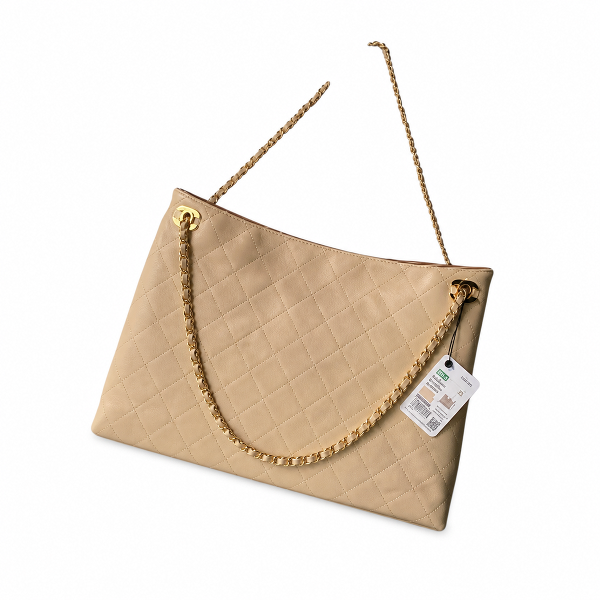 Chanel Vintage Quilted Beige Cream Lambskin Large Shopping Tote Dual CC Chain Ring Gold Hardware Open Top 40cm