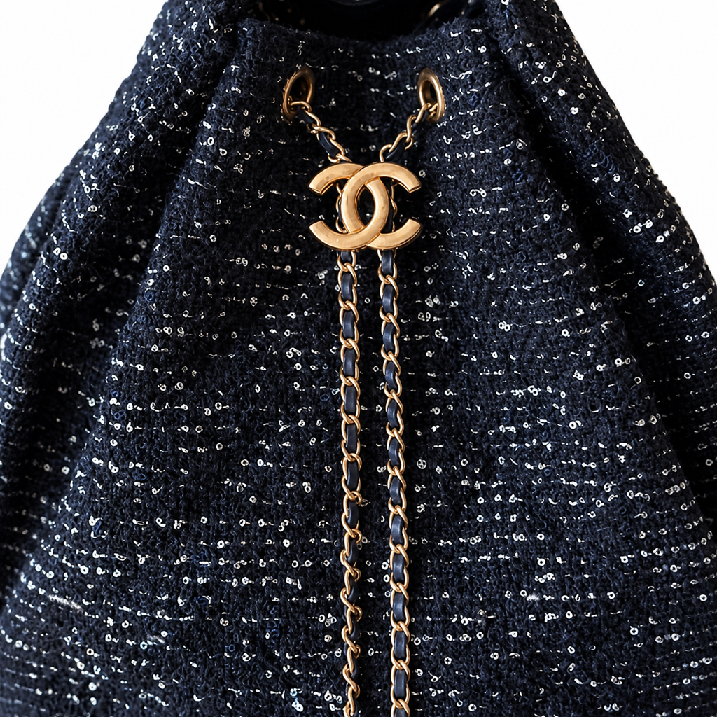 Chanel Navy Sequin Tweed Drawstring Bucket Bag Gold Chain