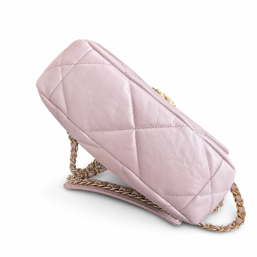 Chanel 19 Large Flap Bag Pearl Pink Quilted Lambskin Mixed Metal Chain CC Turn-Lock 26cm