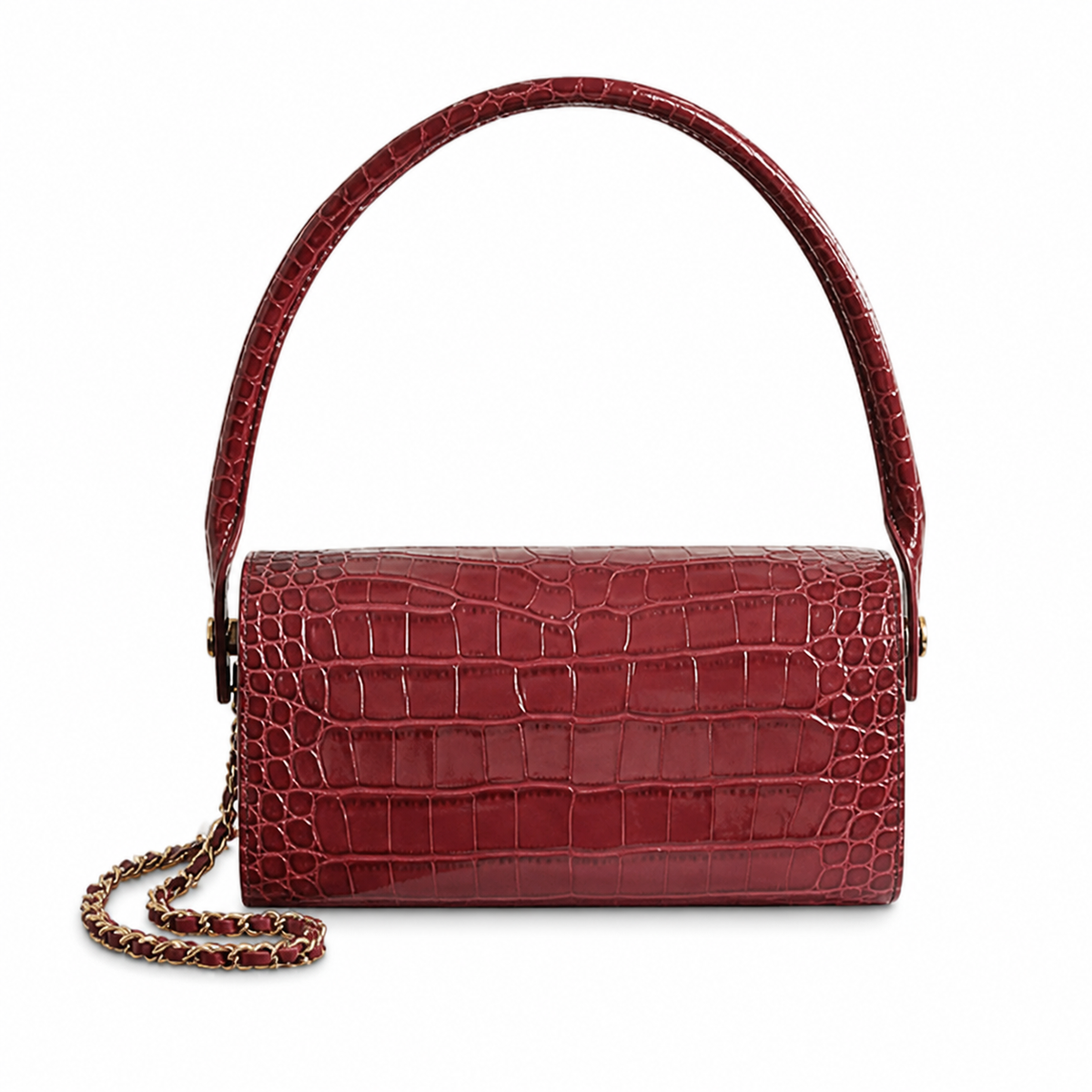 Chanel Deep Red Croc-Embossed Leather Box Flap Crossbody Bag | Gold Chain | 11×23×12.5cm