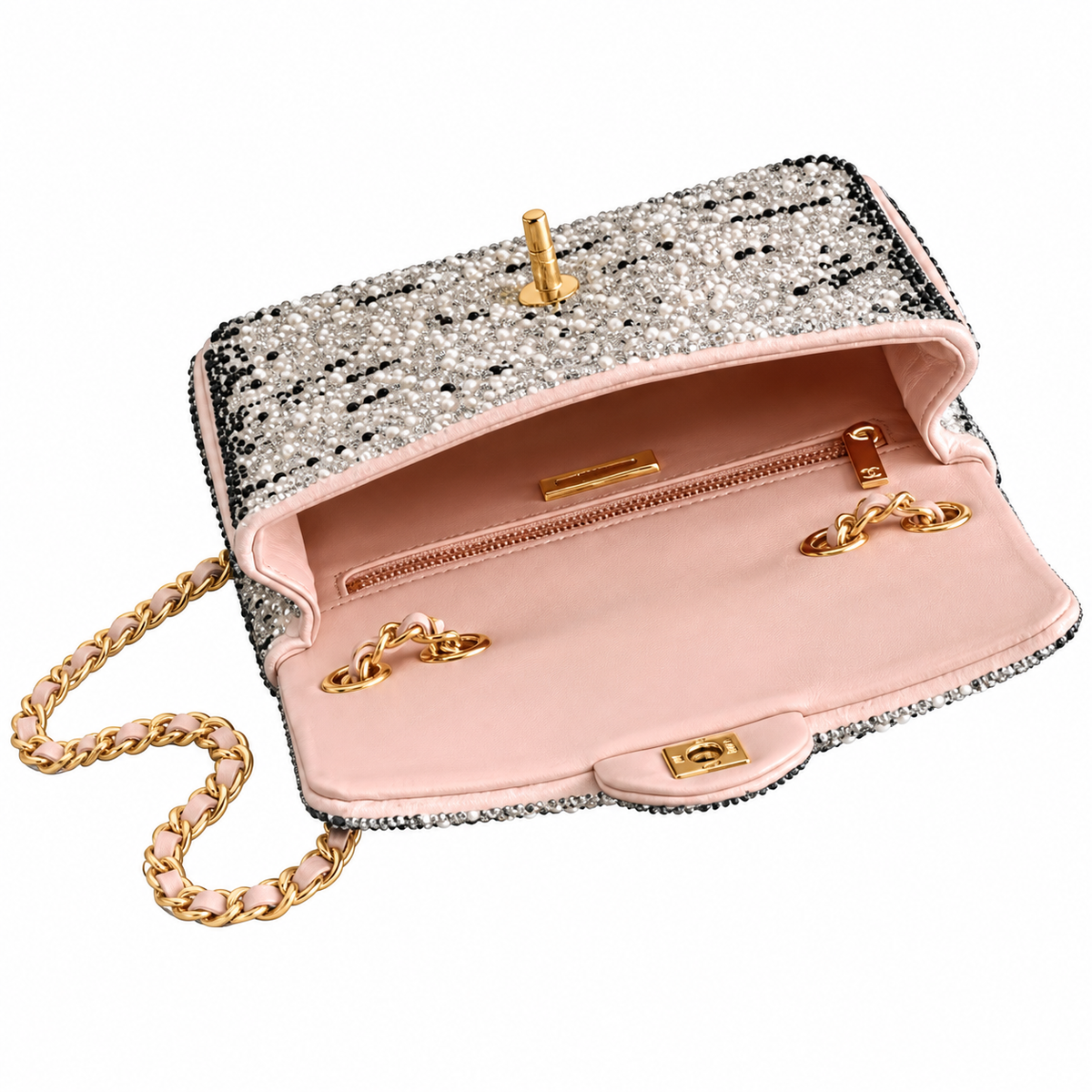 CHANEL Crystal Pearl Embellished Classic Flap Crossbody Bag – Blush Pink Interior Gold Chain 20cm