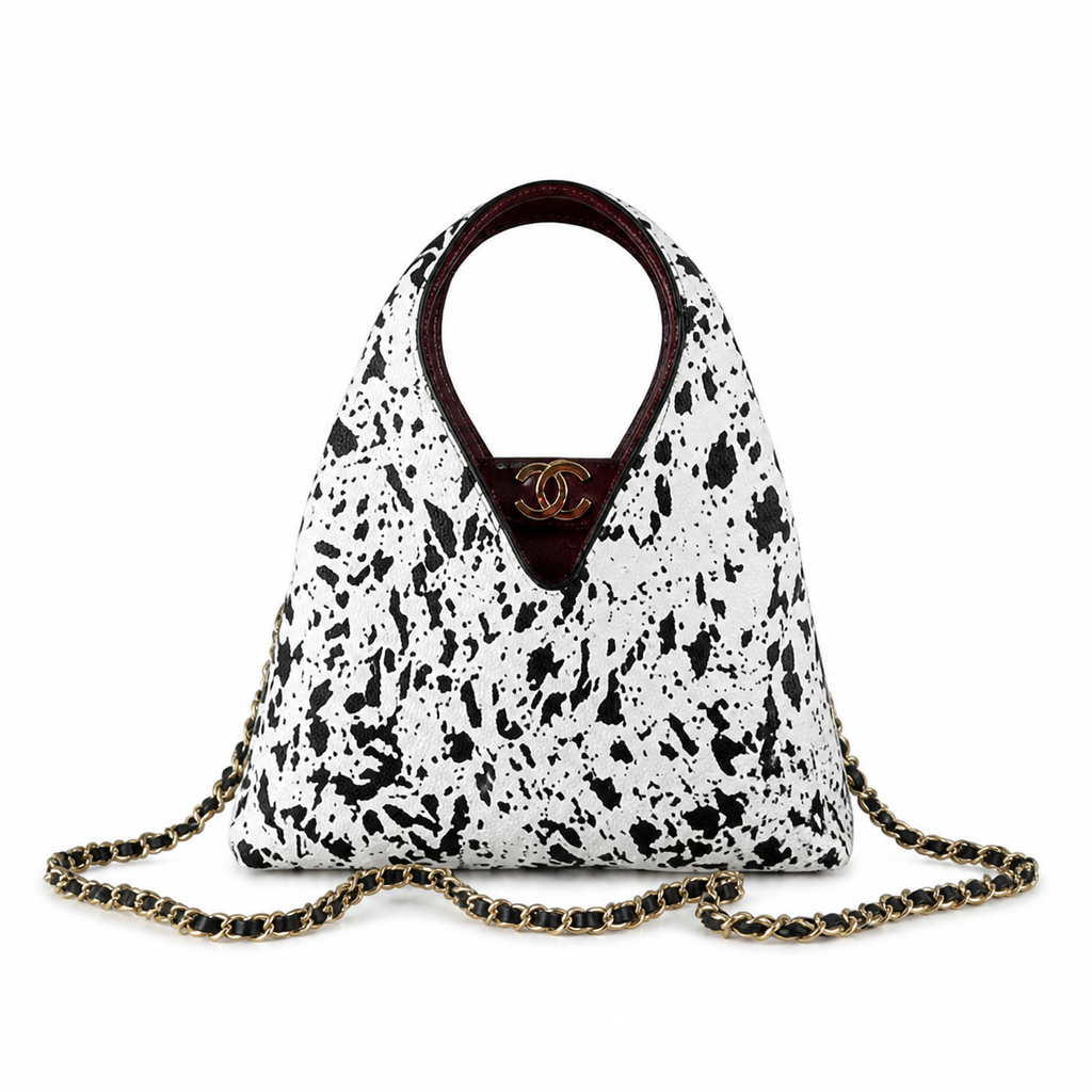 CHANEL White Black Splatter Print Triangle Hobo Bag Burgundy Handle CC