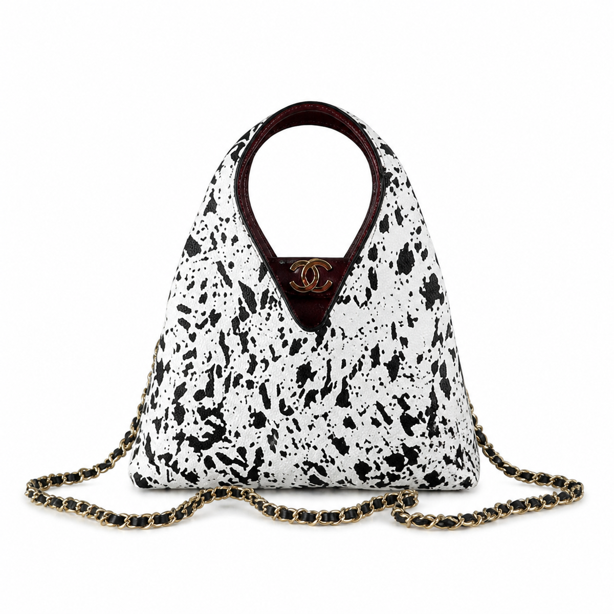 CHANEL White Black Splatter Print Triangle Hobo Bag Burgundy Handle CC