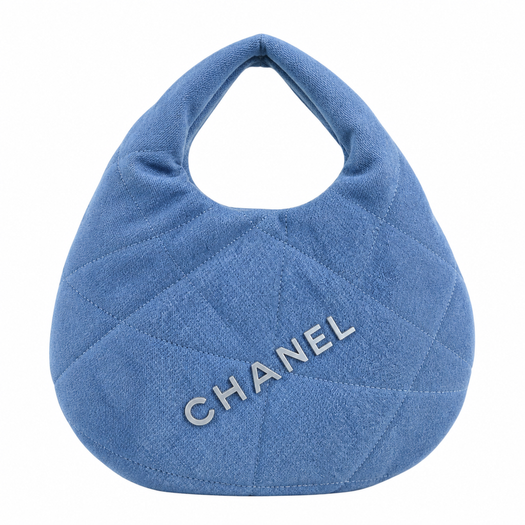 Chanel Quilted Denim Hobo Bag Blue Silver CHANEL Logo Large 35cm
