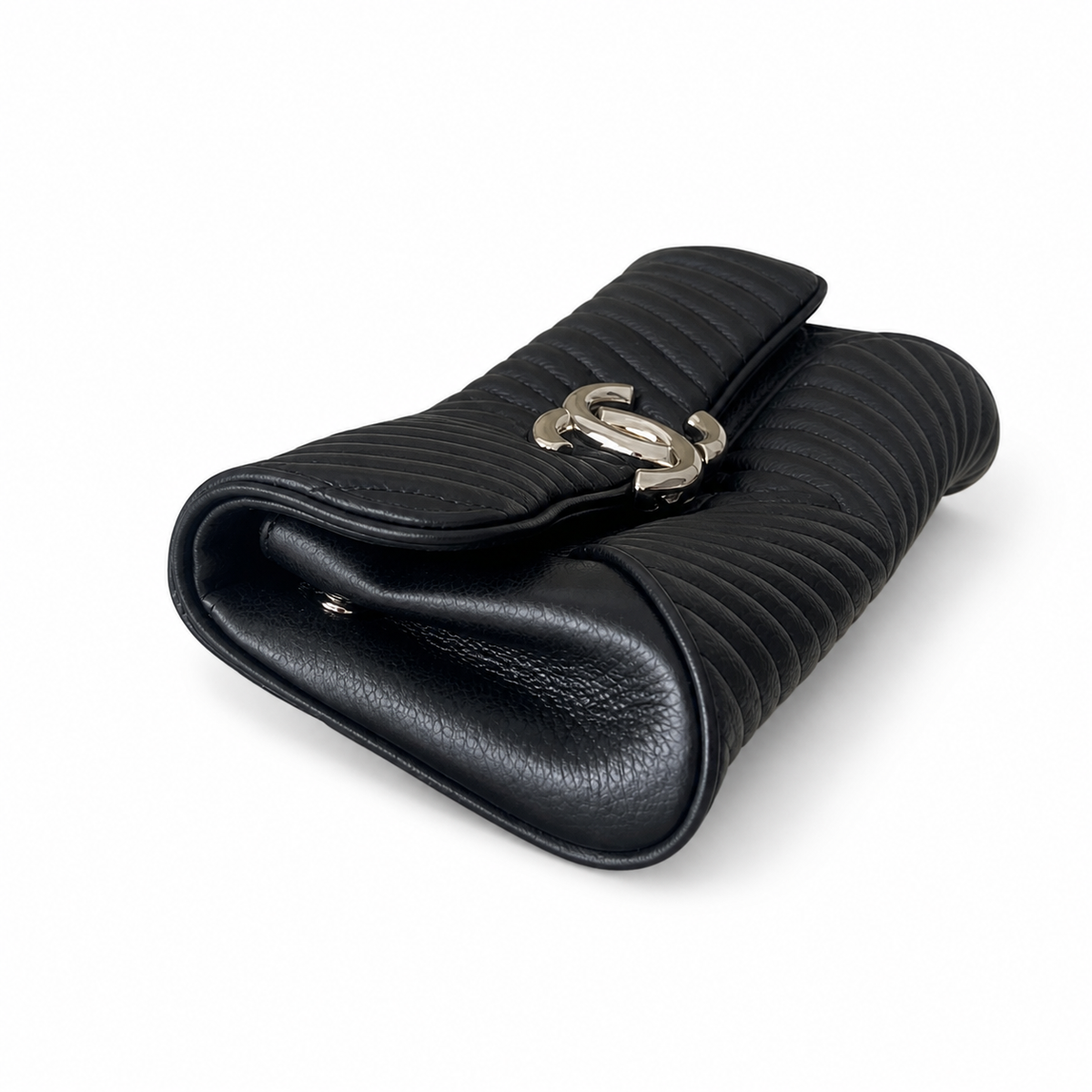 Chanel Black Leather Linear Horizontal Stitch Large Flap Clutch Silver CC Turn-Lock Interior Zip Pocket 30cm