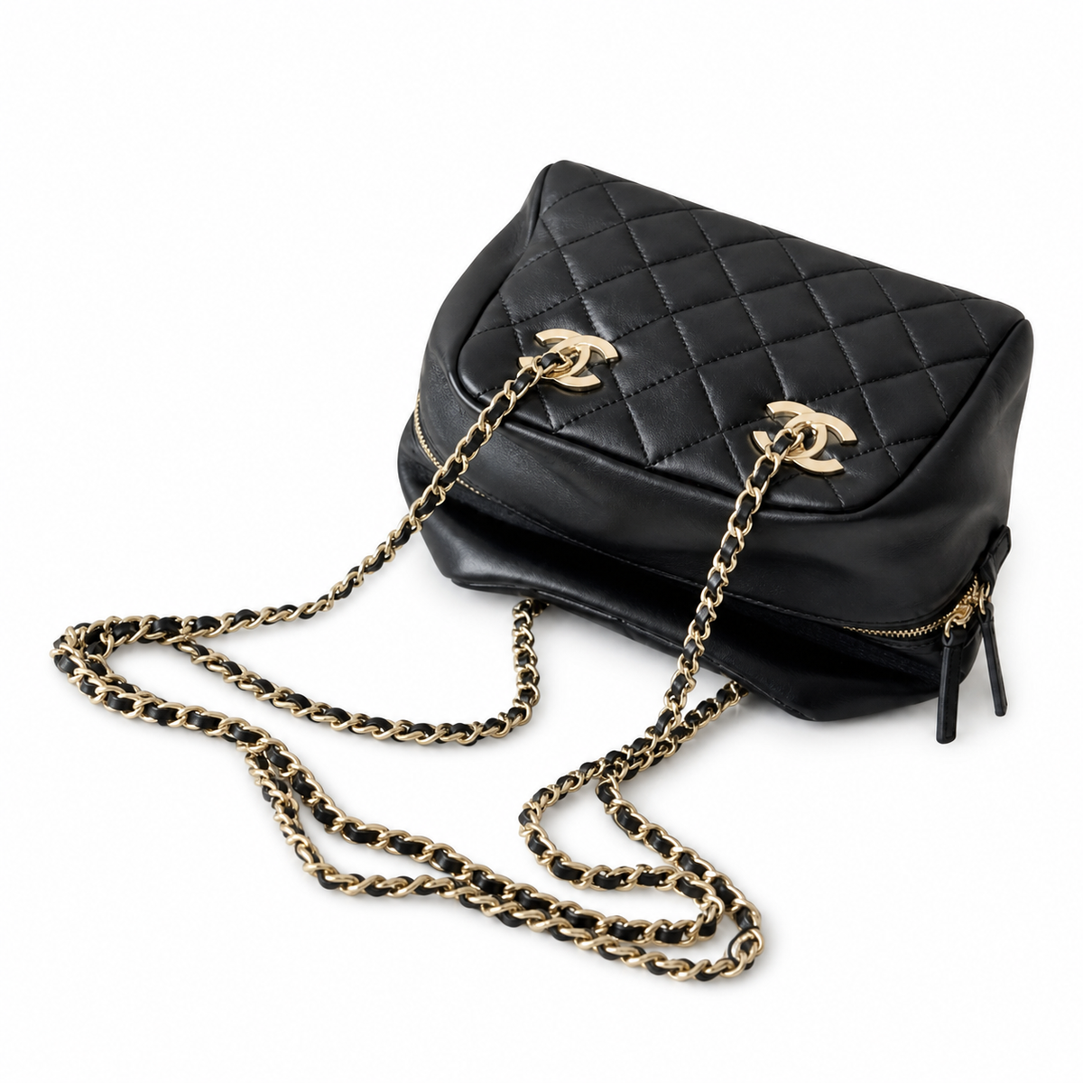 Chanel Black Quilted Lambskin Dual CC Camera Bag Gold Chain Crossbody