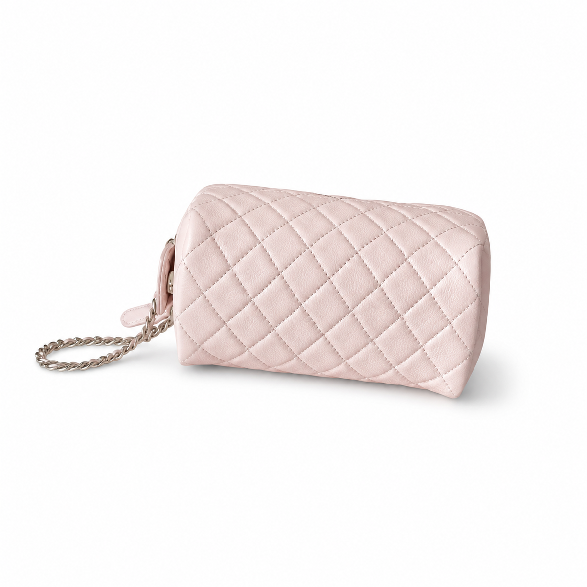 Chanel Light Pink Lambskin Quilted Dome Demi-Lune Cosmetic Clutch Silver Chain Wrist Strap 18cm