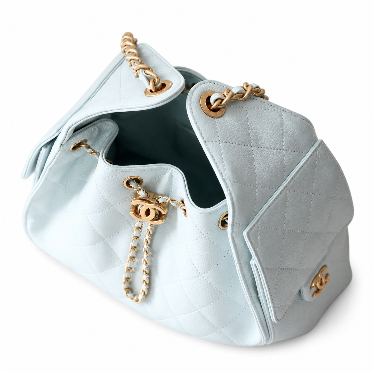 Chanel Quilted Leather Drawstring Backpack Light Blue Gold Hardware
