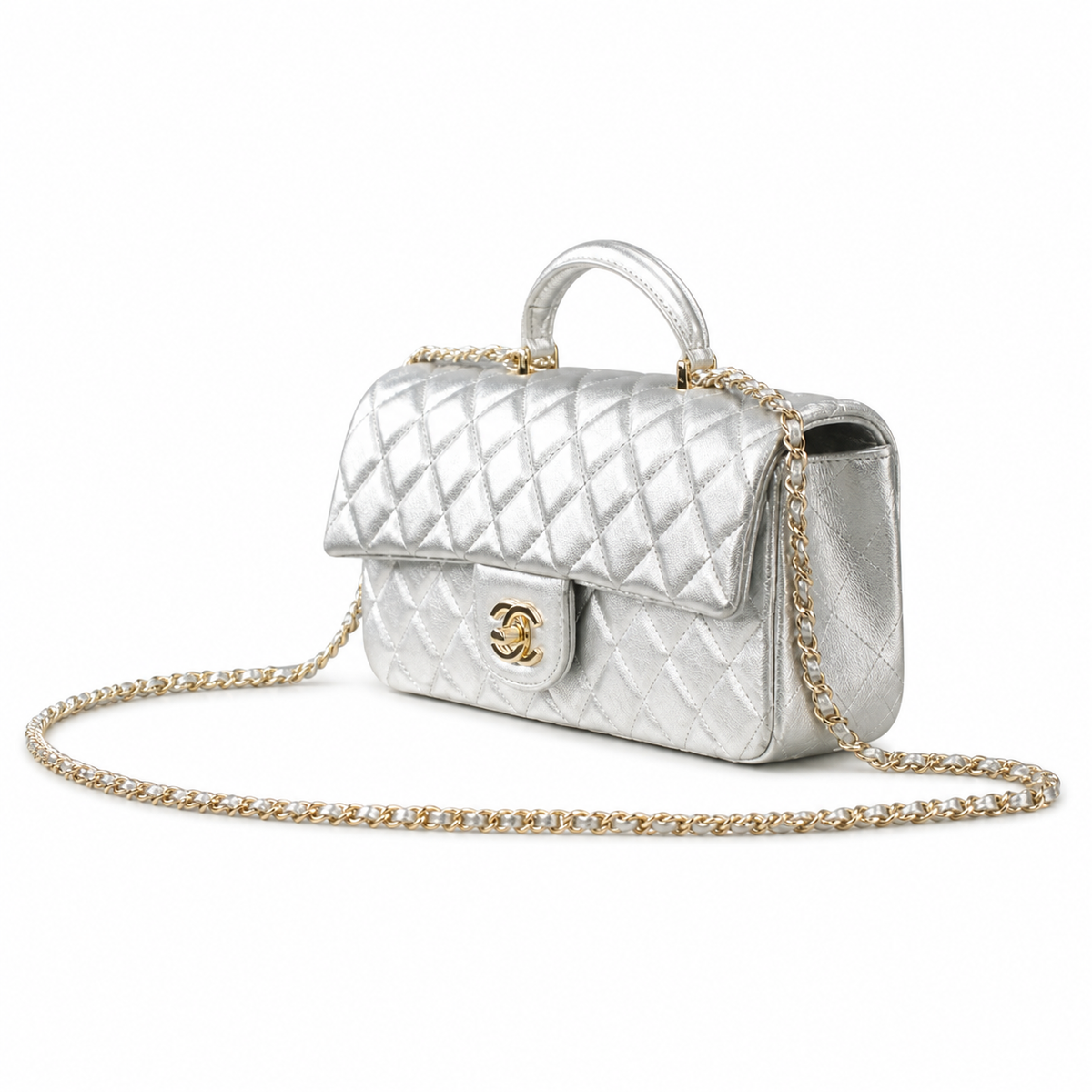 CHANEL Silver Metallic Quilted Lambskin Top Handle Mini Flap Chain Bag
