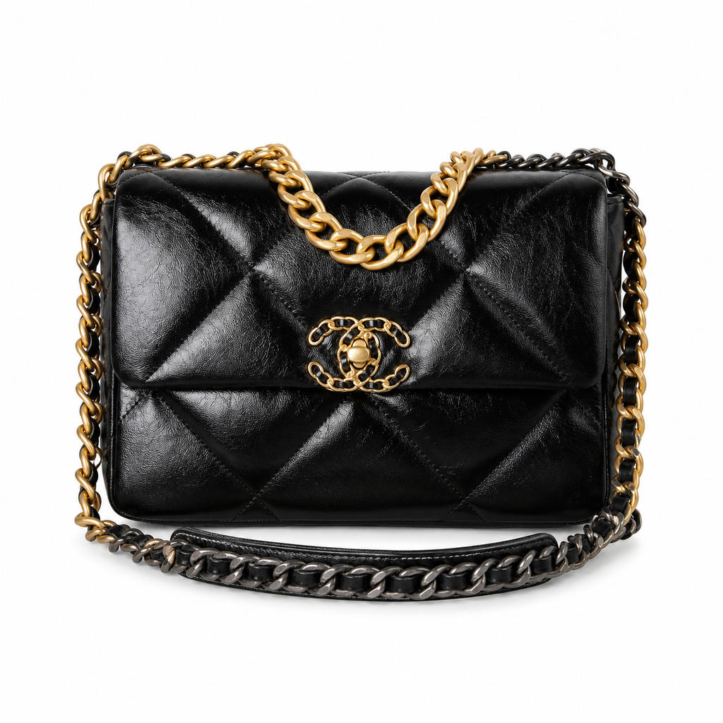Chanel 19 Large Flap Bag Black Shiny Goatskin Mixed Metal Chain Gold CC Turn-Lock 26cm