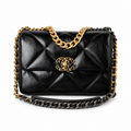 Chanel 19 Large Flap Bag Black Shiny Goatskin Mixed Metal Chain Gold CC Turn-Lock 26cm