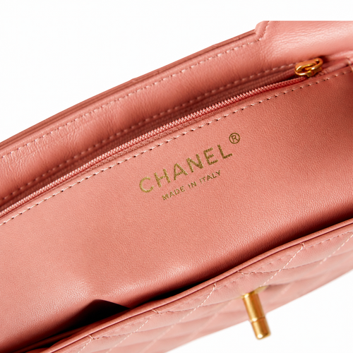 Chanel Blush Pink Quilted Lambskin Mini Coco Handle Bag Aged Gold Chain Made in Italy
