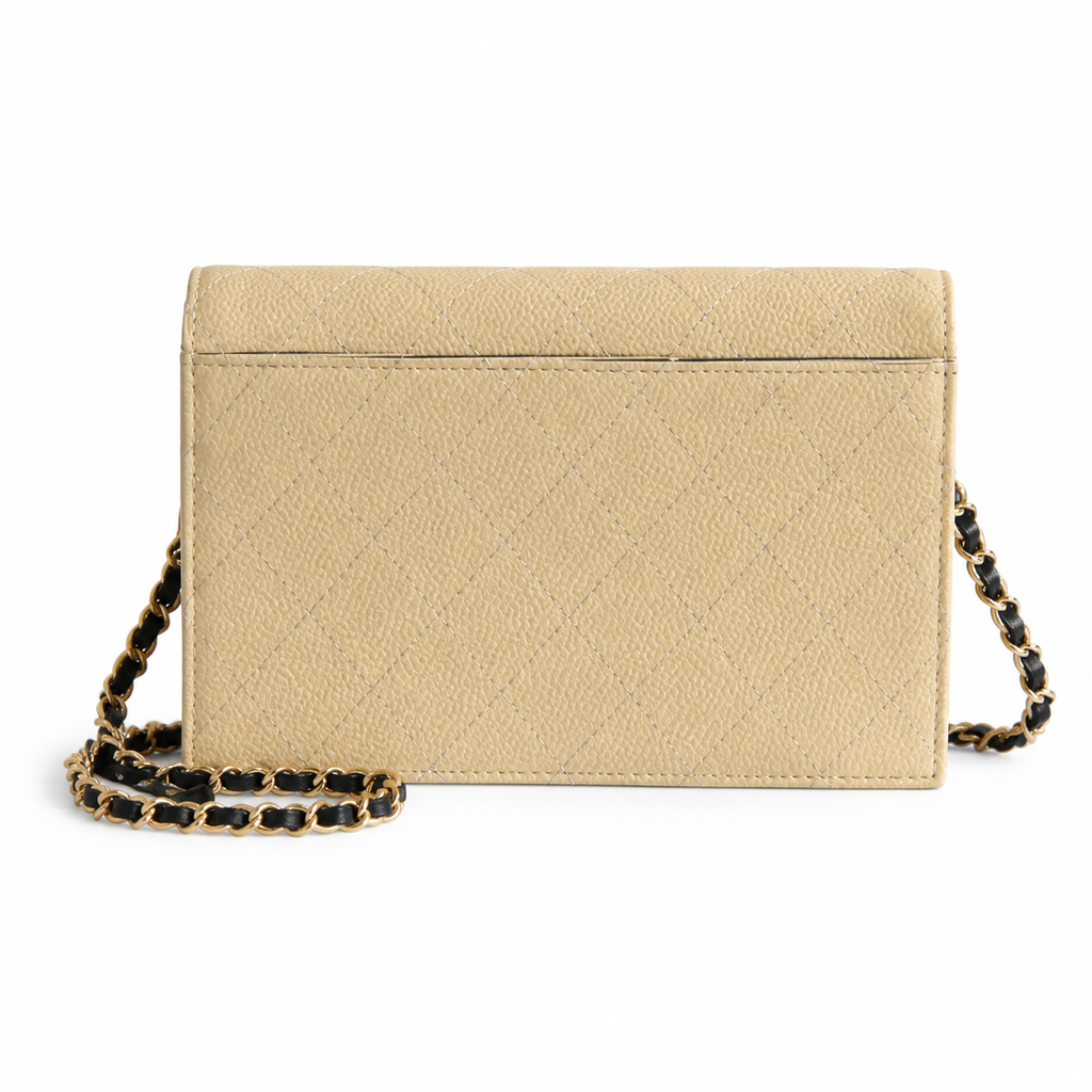 Chanel Bi-Color CC Appliqué Wallet on Chain WOC Beige Quilted Caviar Leather Black CC Gold Chain 19cm