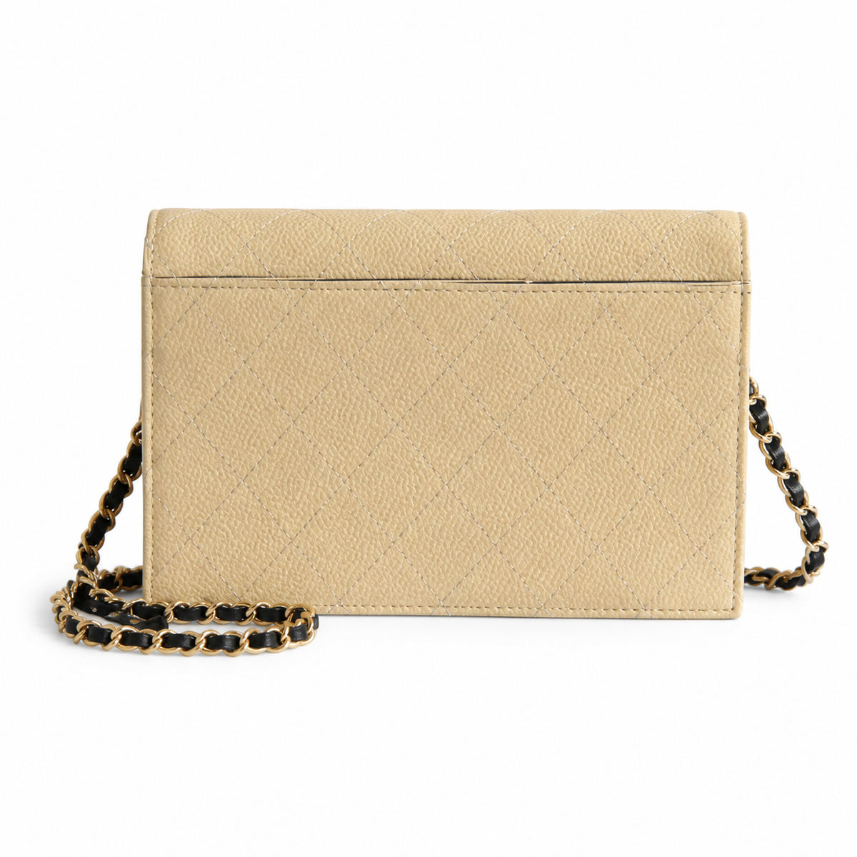 Chanel Bi-Color CC Appliqué Wallet on Chain WOC Beige Quilted Caviar Leather Black CC Gold Chain 19cm