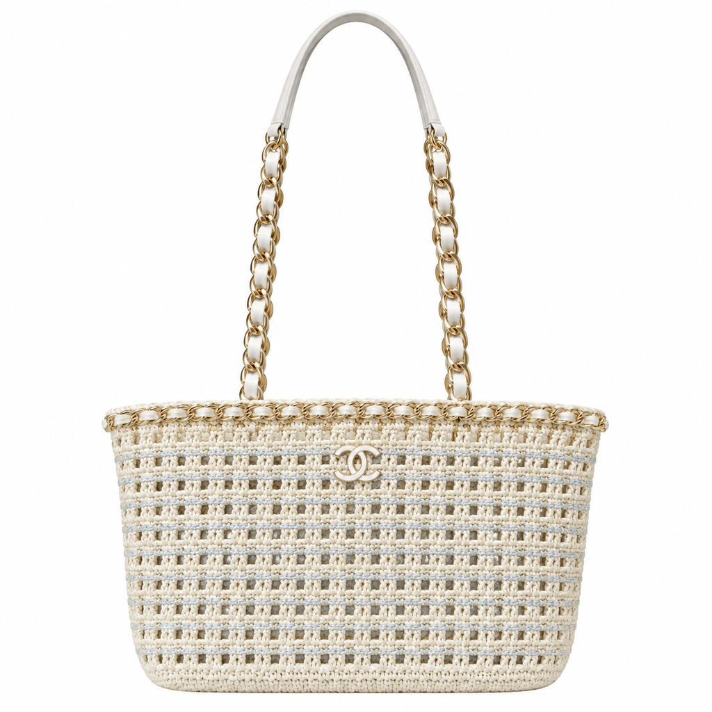 Chanel Ivory Crochet Open-Weave Shopping Tote Bag | Gold CC Chain Handles | 28×20×13cm