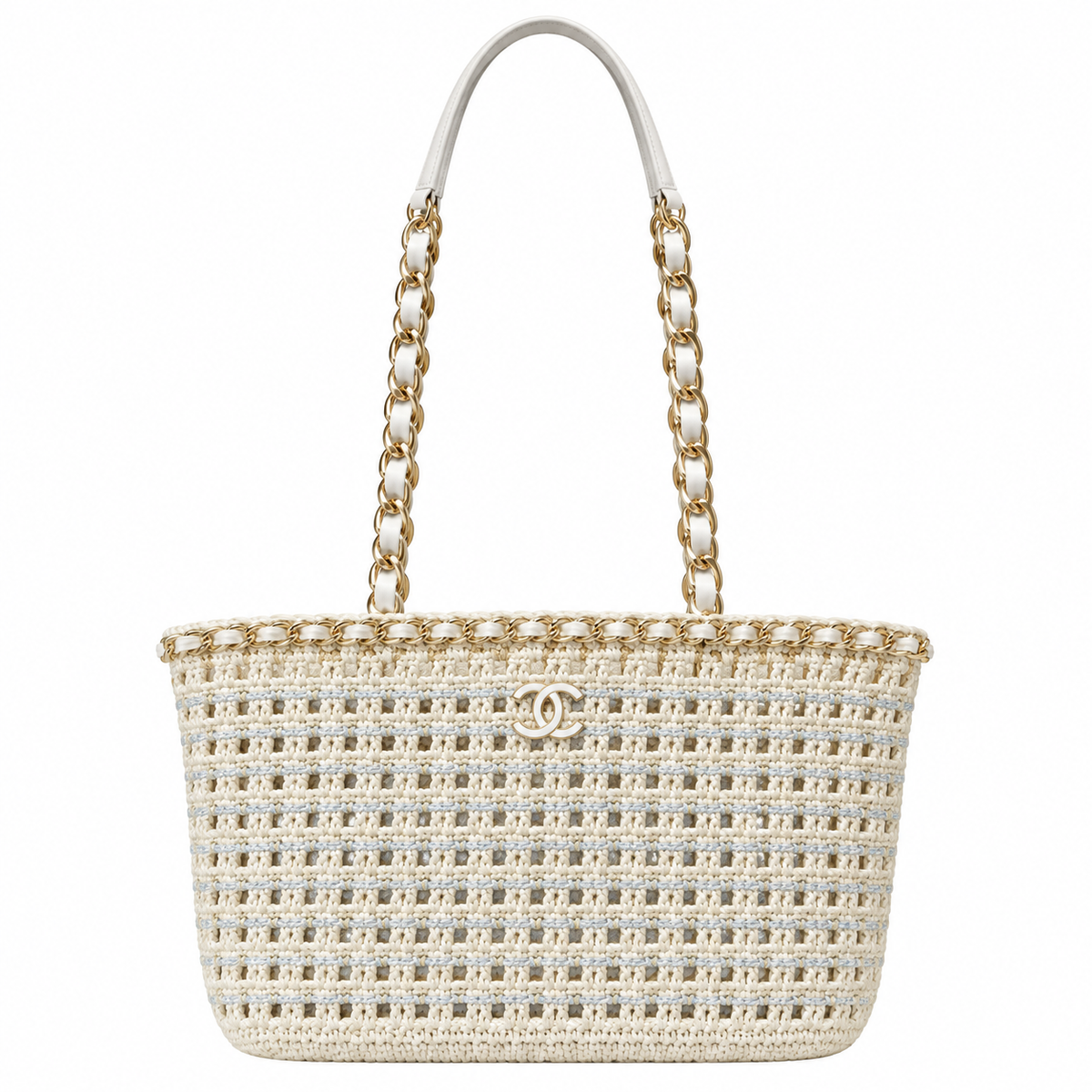 Chanel Ivory Crochet Open-Weave Shopping Tote Bag | Gold CC Chain Handles | 28×20×13cm