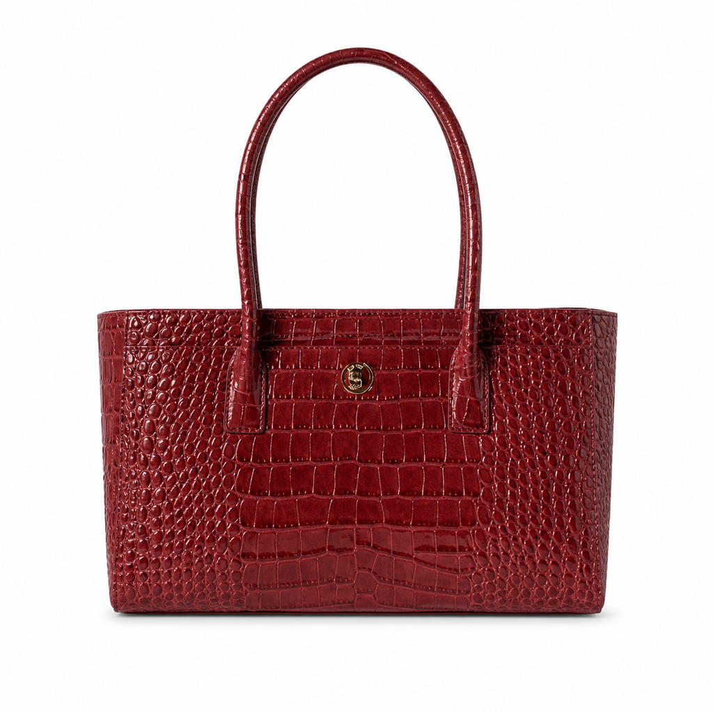 CHANEL Burgundy Croc-Embossed Leather Large Tote Bag CC Gold Badge