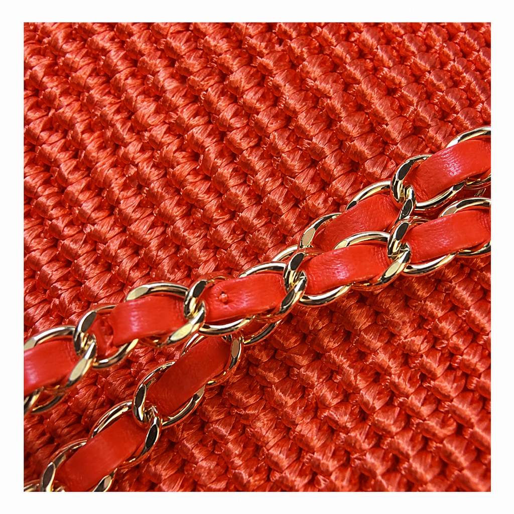 Chanel Orange Raffia Woven Classic Flap Shoulder Bag | Gold CC Turn-Lock | Chain Strap | 16×25.5×7cm