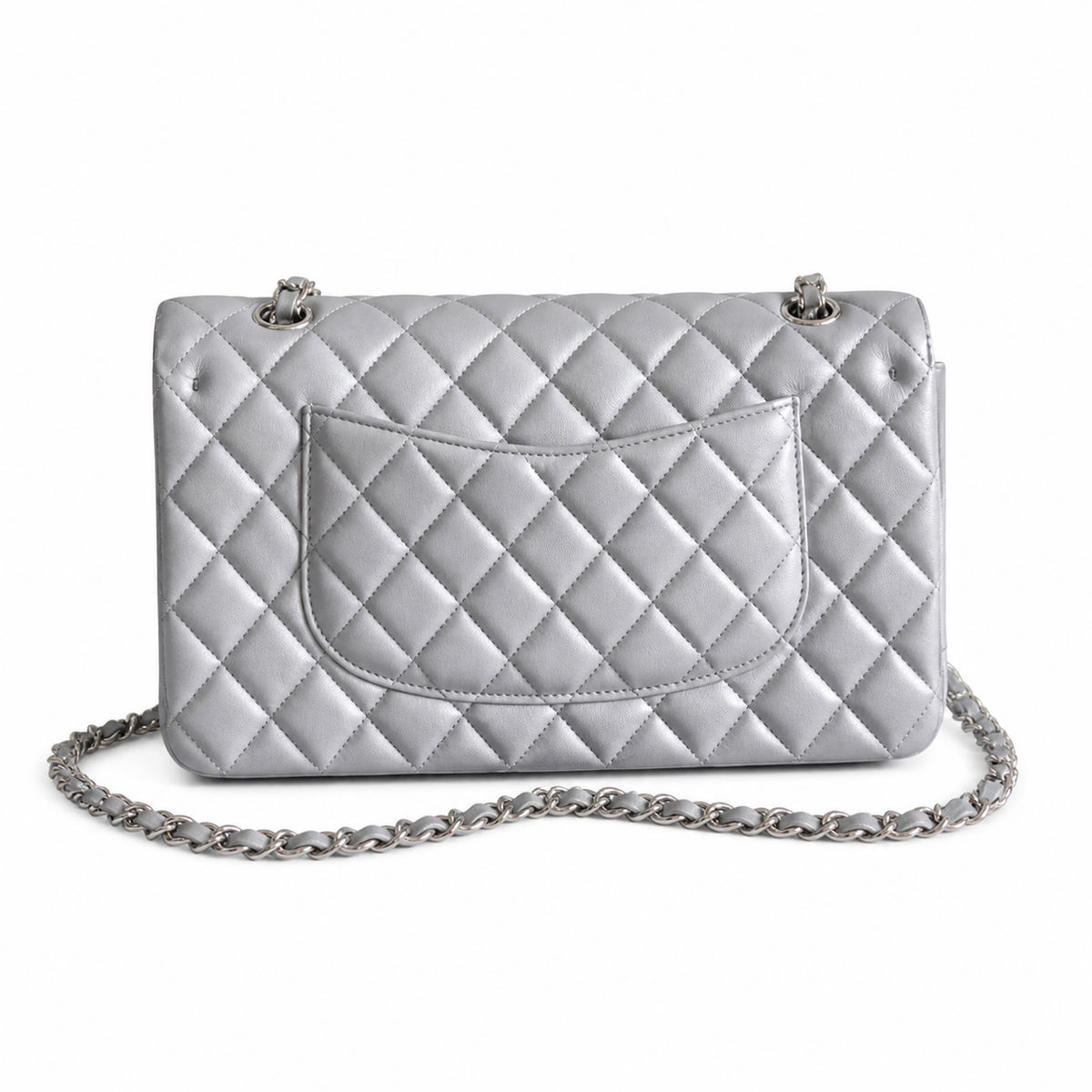 Chanel CC Quilted Double Flap Bag | Grey Lambskin & Silver — 25cm