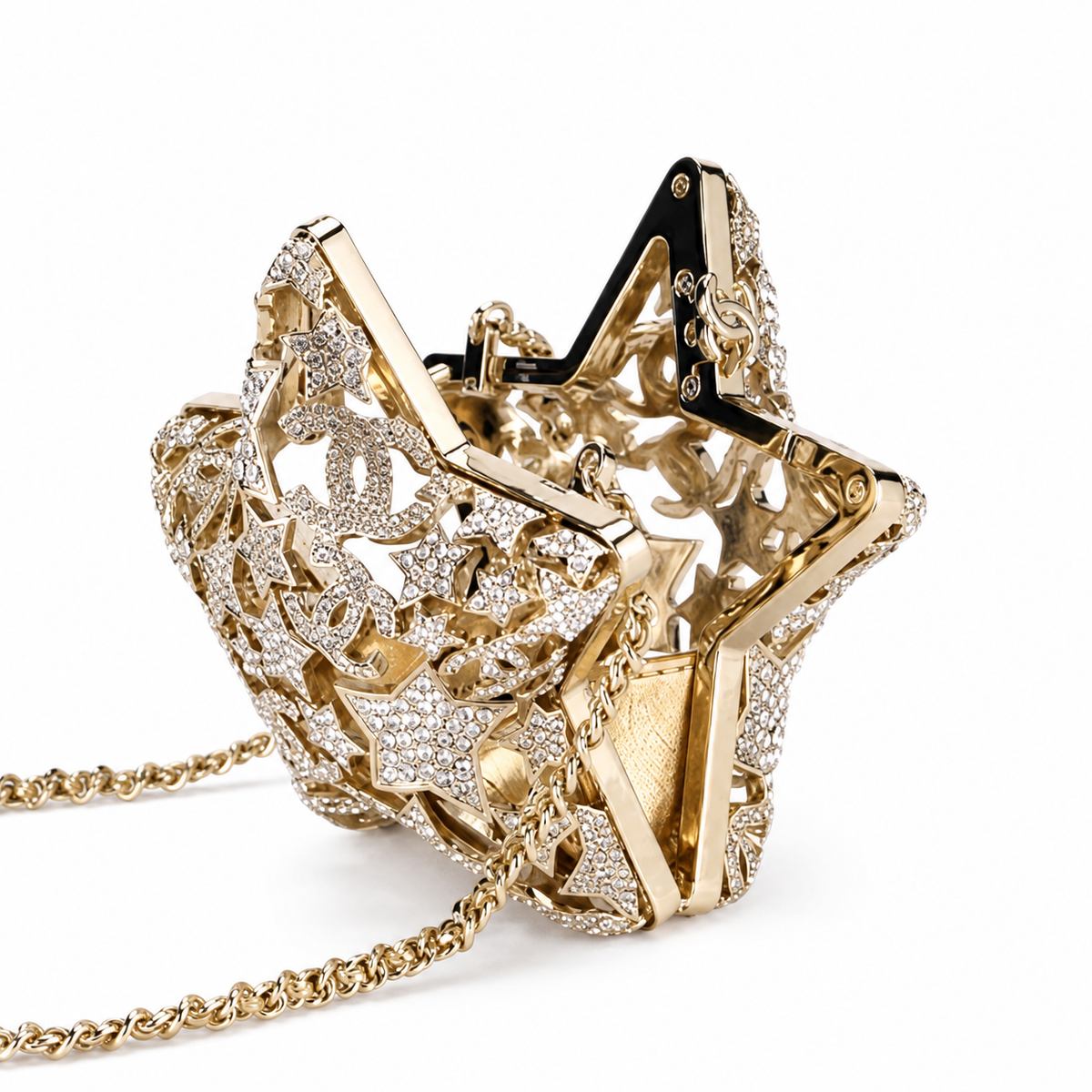 Chanel Gold Crystal Pavé Star Minaudière Evening Bag | CC Filigree | Gold Chain | 13cm