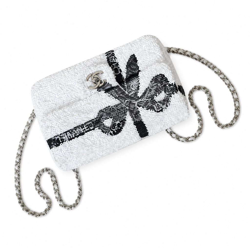 Chanel White Sequin Black Bow Embroidered Flap Bag Silver Chain