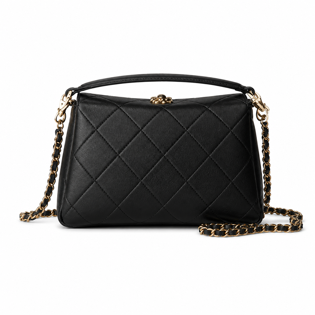 Chanel Top Handle Crossbody Bag | Black Quilted Lambskin Camellia Clasp Gold Chain | 23cm