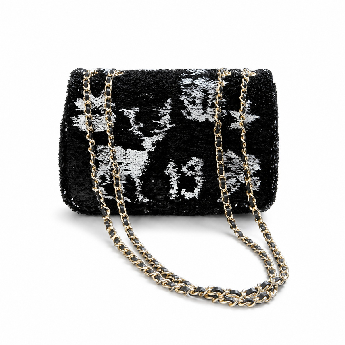 Chanel Sequin Flap Bag | Black & Silver Floral Sequin Gold Chain Strap | 21cm