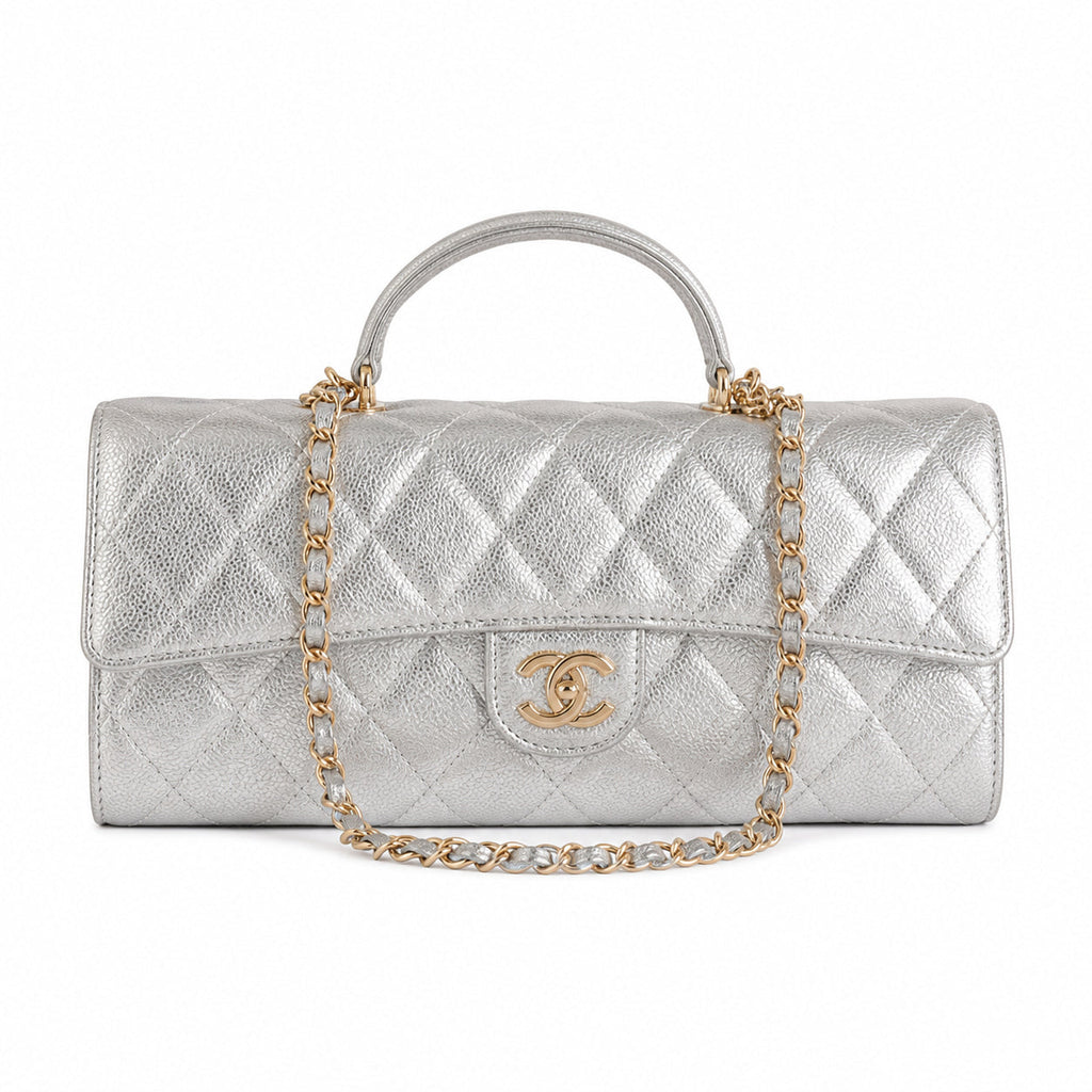 Chanel CC Quilted Cylindrical Flap Bag | Silver Metallic & Gold — 25cm