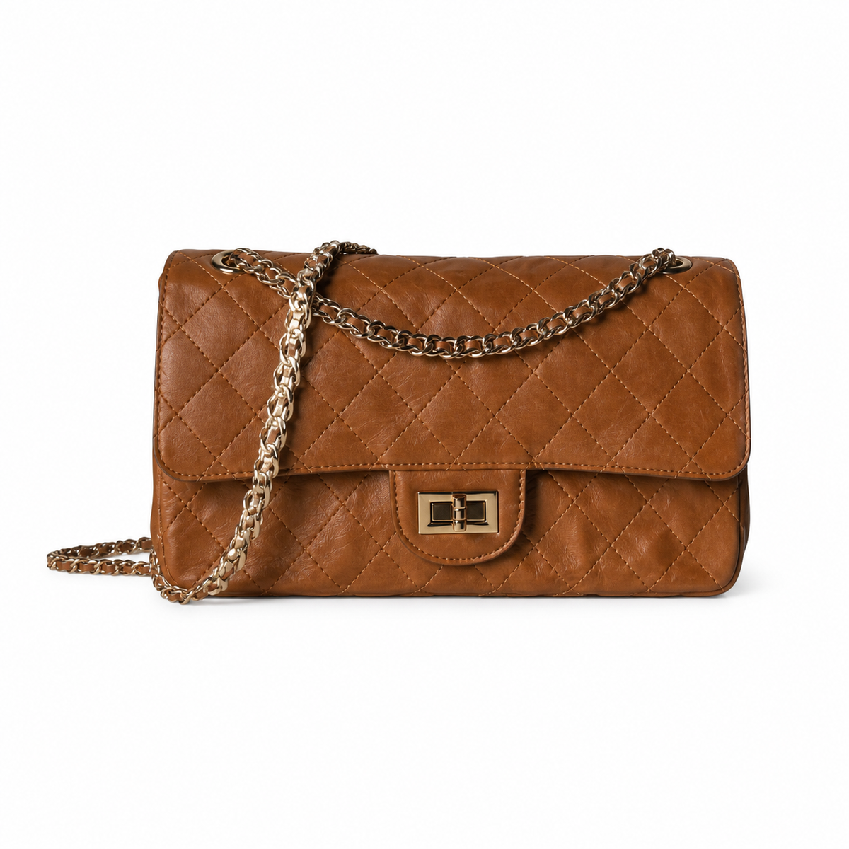 Chanel 2.55 Reissue 227 Cognac Brown Aged Distressed Calfskin Aged Gold Mademoiselle Lock Chain 24cm