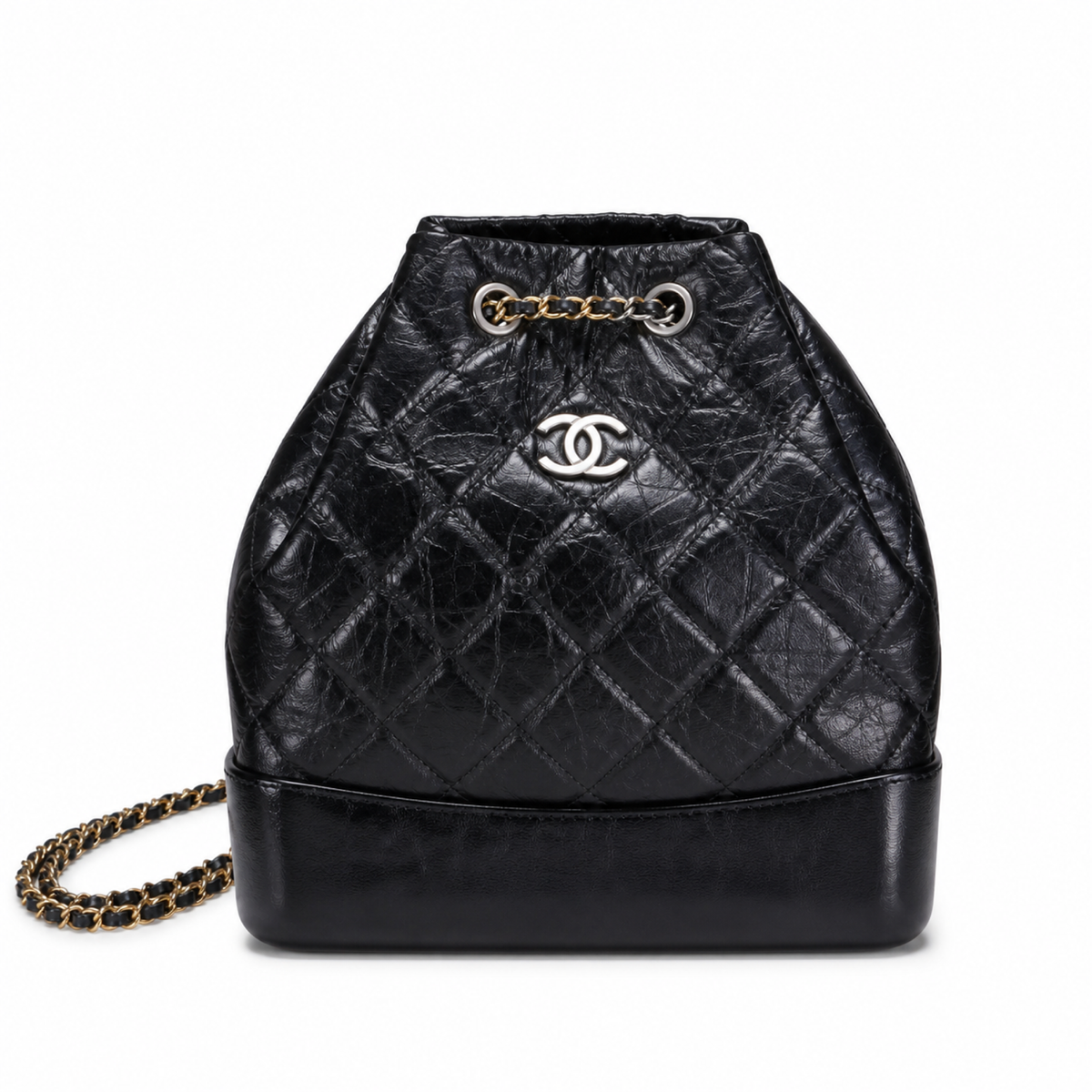 Chanel Gabrielle Backpack Black Aged Distressed Calfskin Mixed Metal Hardware Drawstring Chain 24cm
