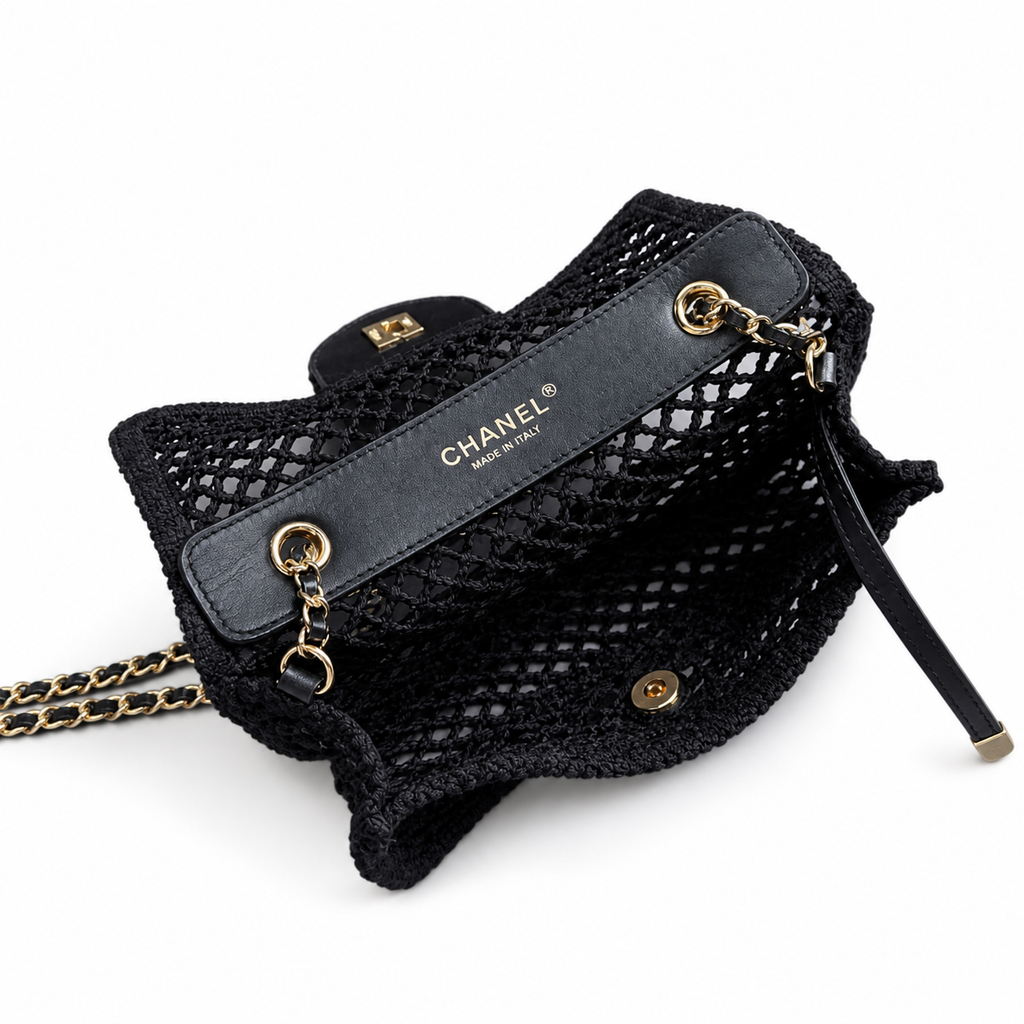 CHANEL Black Open Mesh Crochet Flap Bag Gold Chain Made in Italy