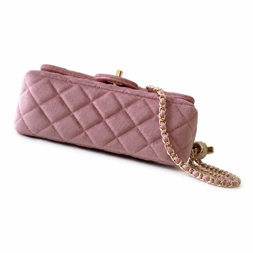 Chanel Classic Flap Mini Rectangle Bag Pink Suede Gold CC Hardware