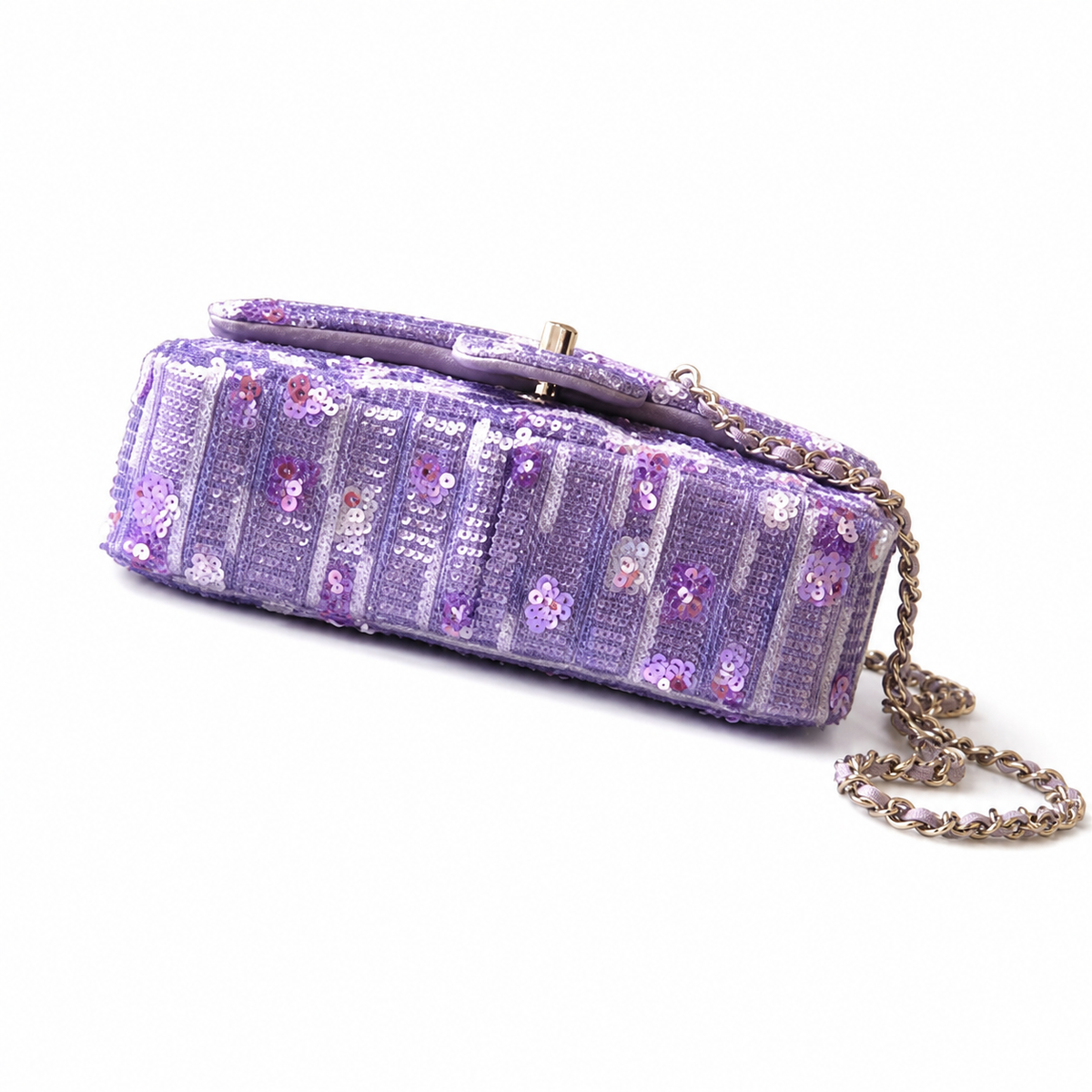 CHANEL Lavender Purple Sequin Embroidered Striped Classic Flap Bag Silver