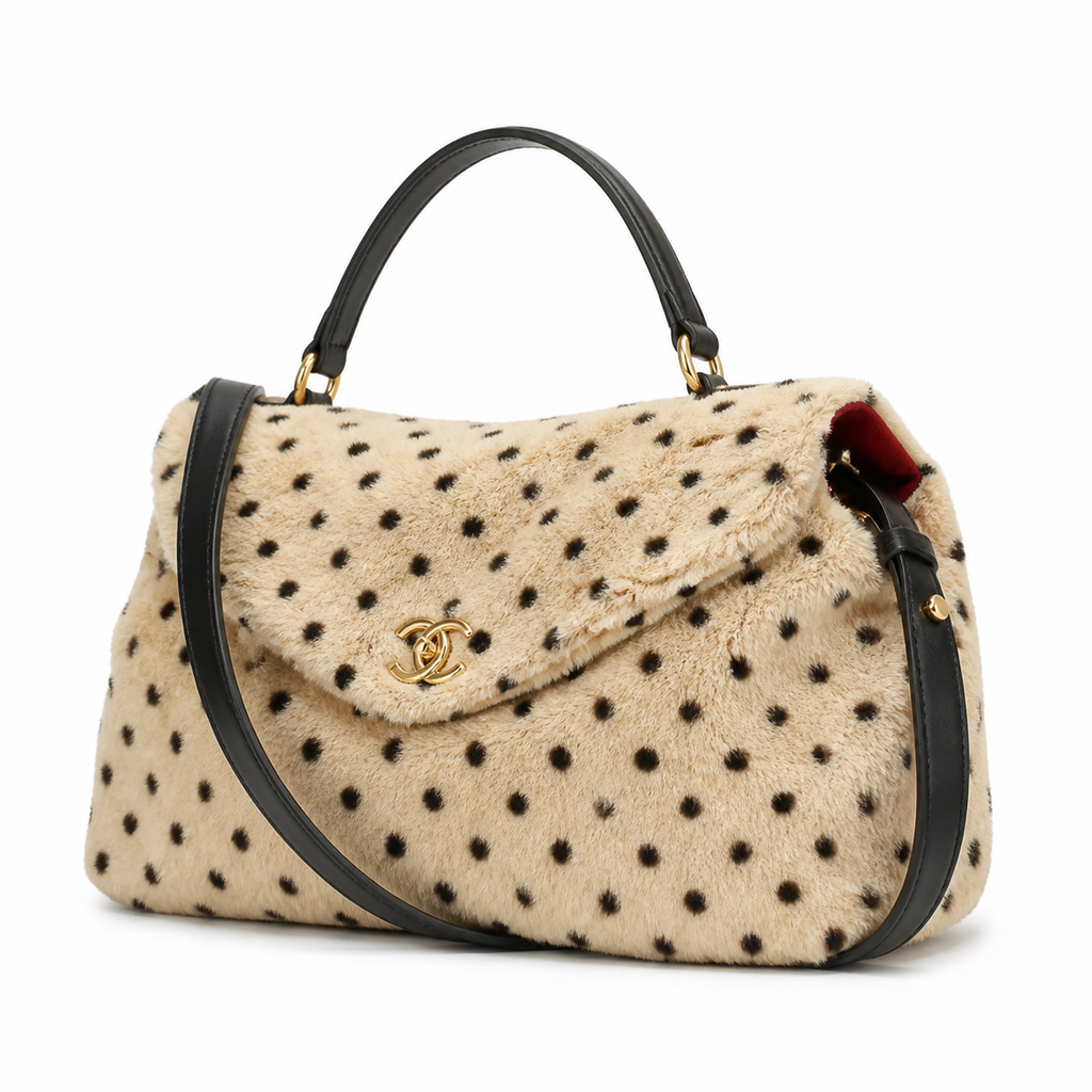 Chanel Vintage Polka Dot Faux Fur Flap Shoulder Bag Top Handle Black Leather Trim Gold CC Turn-Lock Burgundy Interior 36cm
